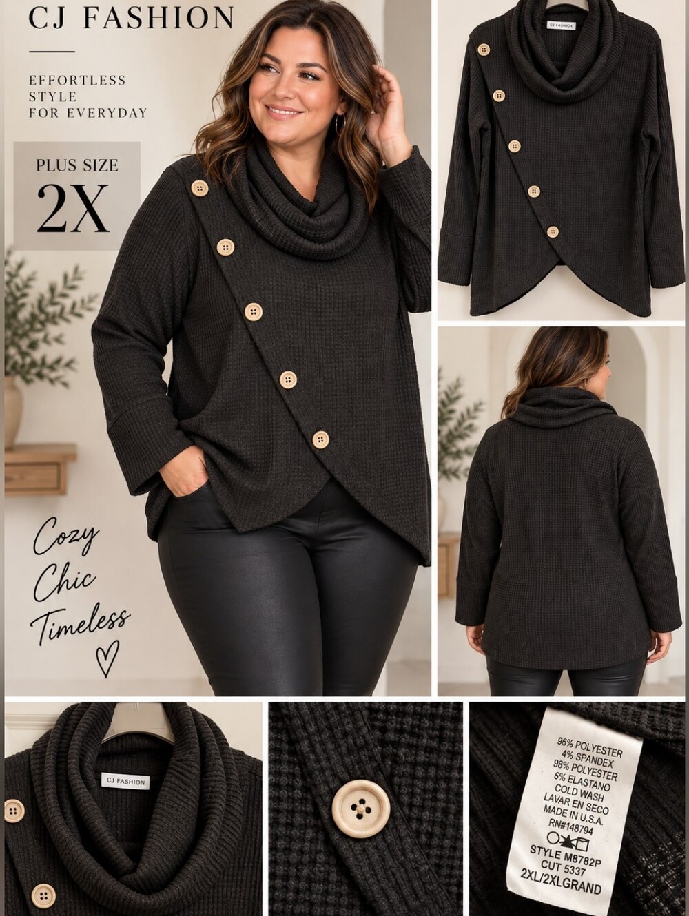 CJ Fashion 2X Black Waffle Knit Cowl Neck Asymmetrical Tunic Sweater Top